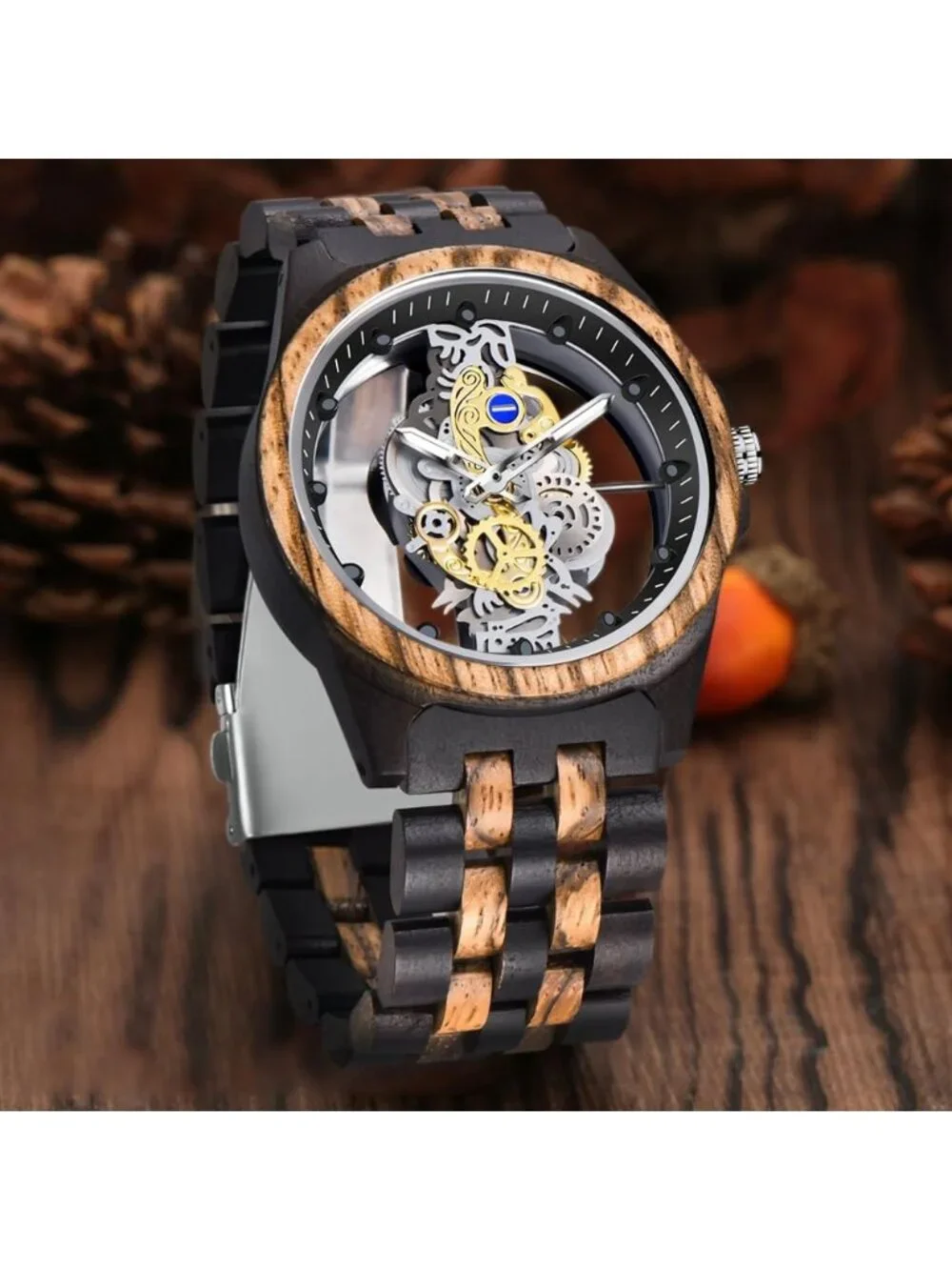 Mens Black Brown Skeleton Buckle Analog Quartz Classic Sports Round Wooden Watch